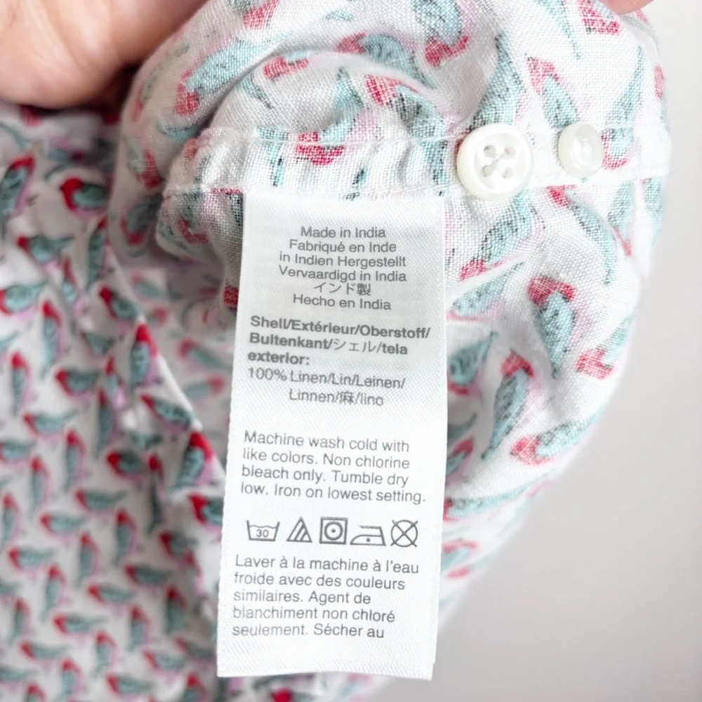 J. Crew Linen Short Sleeve Button Down Shirt Bird Print Size Small NWOT